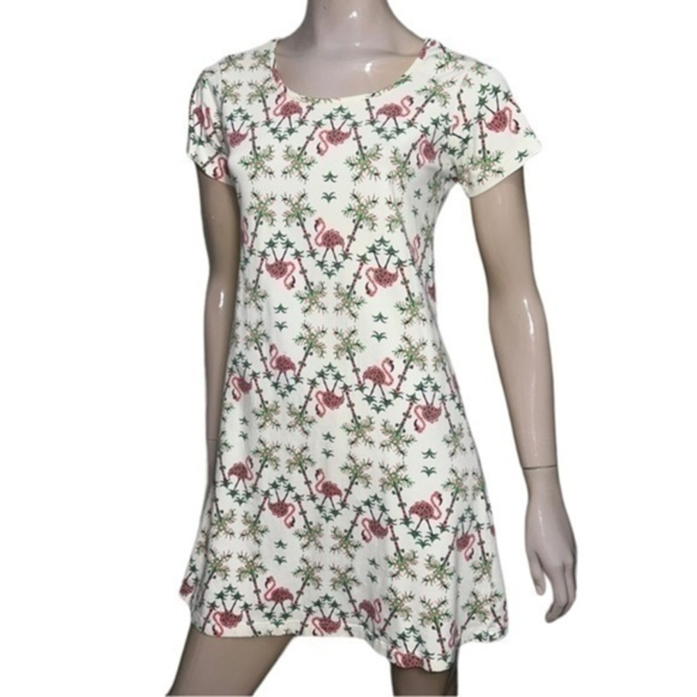 Govango Women’s S Cream Ivory Pink Flamingo Printed Short Sleeve T-Shirt Dress